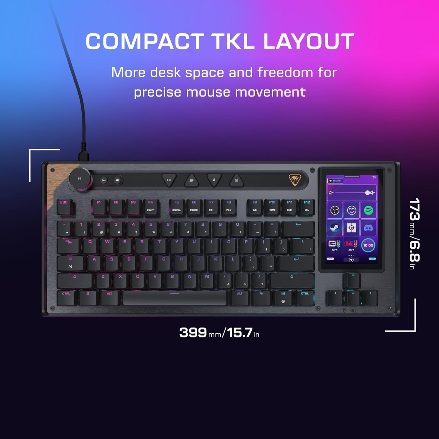 imageTurtle Beach Command Series KB7 TKL Wired Gaming Keyboard 43 Touchscreen Command Display Titan LowProfile Hall Effect Switches Double Shot PBT Keycaps True 8K Polling PerKey RGB LightingKB7 Keyboard
